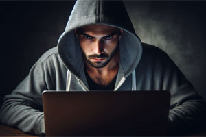 AI generated image of a sinister looking man in a gray hoodie sitting in front of a laptop